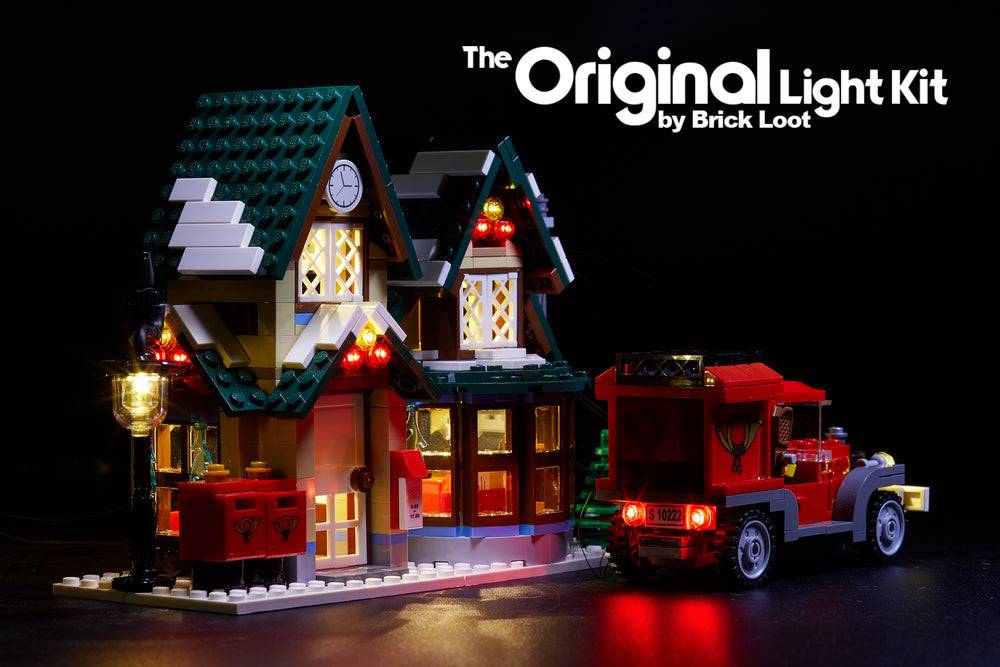 Back view of the LEGO Winter Village Post Office set 10222 with the Brick Loot LED Kit installed. 