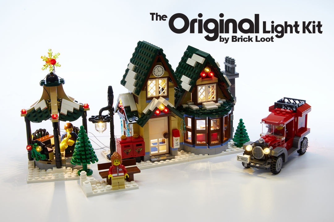 LEGO Winter Villiage Post Office set 10222 with the Brick Loot LED Kit installed - brilliant in daylight!