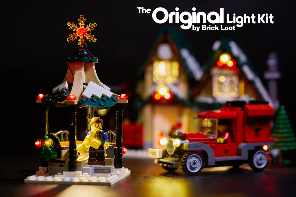 Close up of the gazebo and truck of the LEGO Winter Villiage Post Office set 10222 with the Brick Loot LED kit installed!