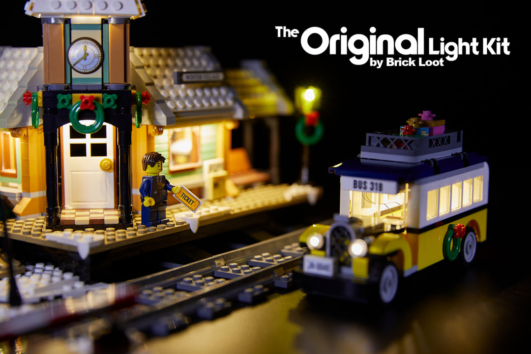 Close up of the LEGO Winter Village Station set 10259, beautifully illuminiated with the custom Brick Loot LED Light kit!