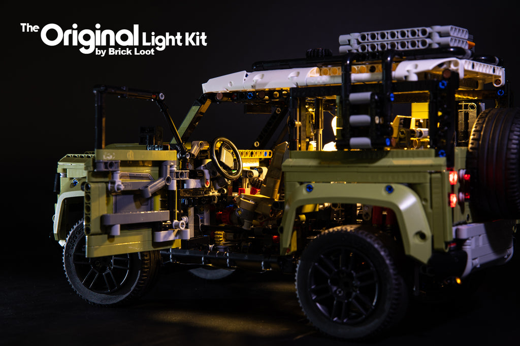 LEGO Land Rover Defender set 42110 with the Brick Loot LED Light kit installed.