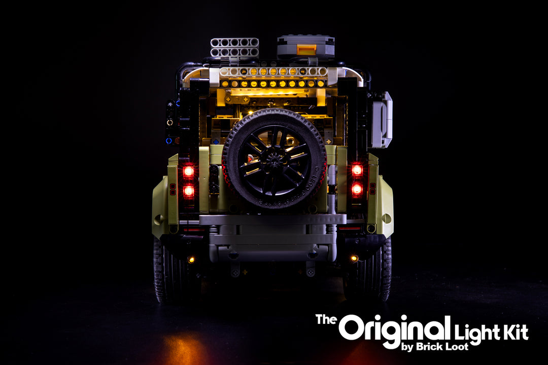 Rear view of the LEGO Land Rover Defender set 42110 with the Brick Loot LED Light kit installed.