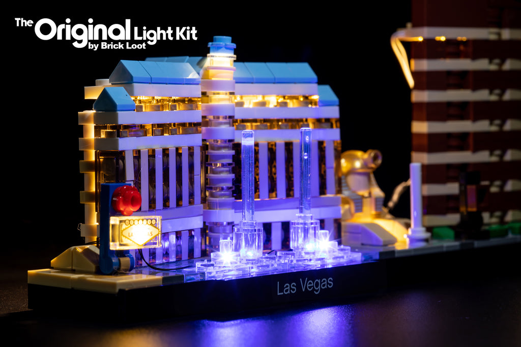 Close - up of LEGO Architecture Las Vegas Skyline set 21047 with brilliant LED lights by Brick Loot