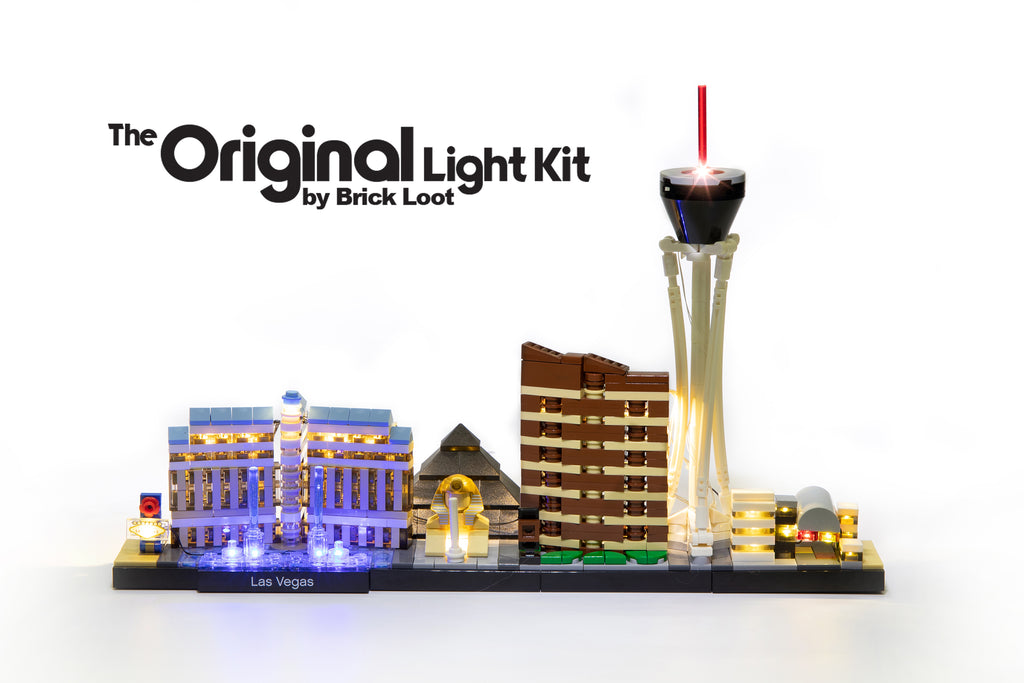 LEGO Architecture Las Vegas Skyline set 21047 with brilliant LED lights by Brick Loot, brilliant day or night.
