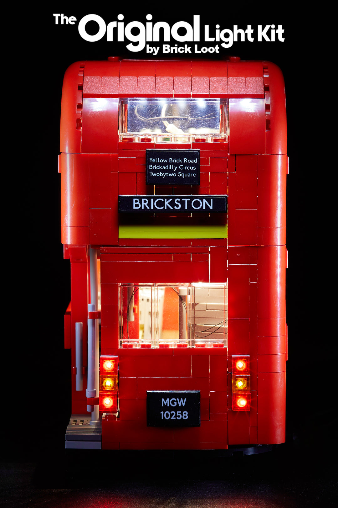 Rear view of the LEGO London Bus set 10258, brilliantly illuminated with the Brick Loot LED Light Kit.