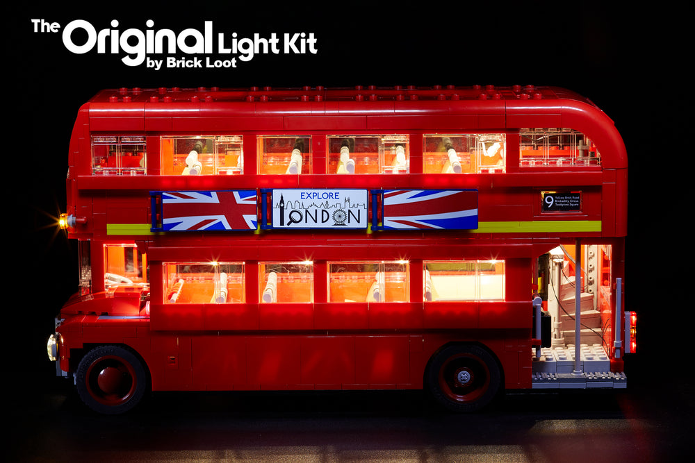 Side view of the LEGO London Bus set 10258, brilliantly illuminated with the Brick Loot LED Light Kit.