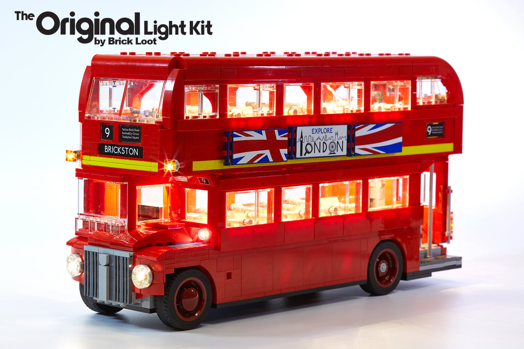 LEGO London Bus set 10258, brilliantly illuminated with the Brick Loot LED Light Kit.