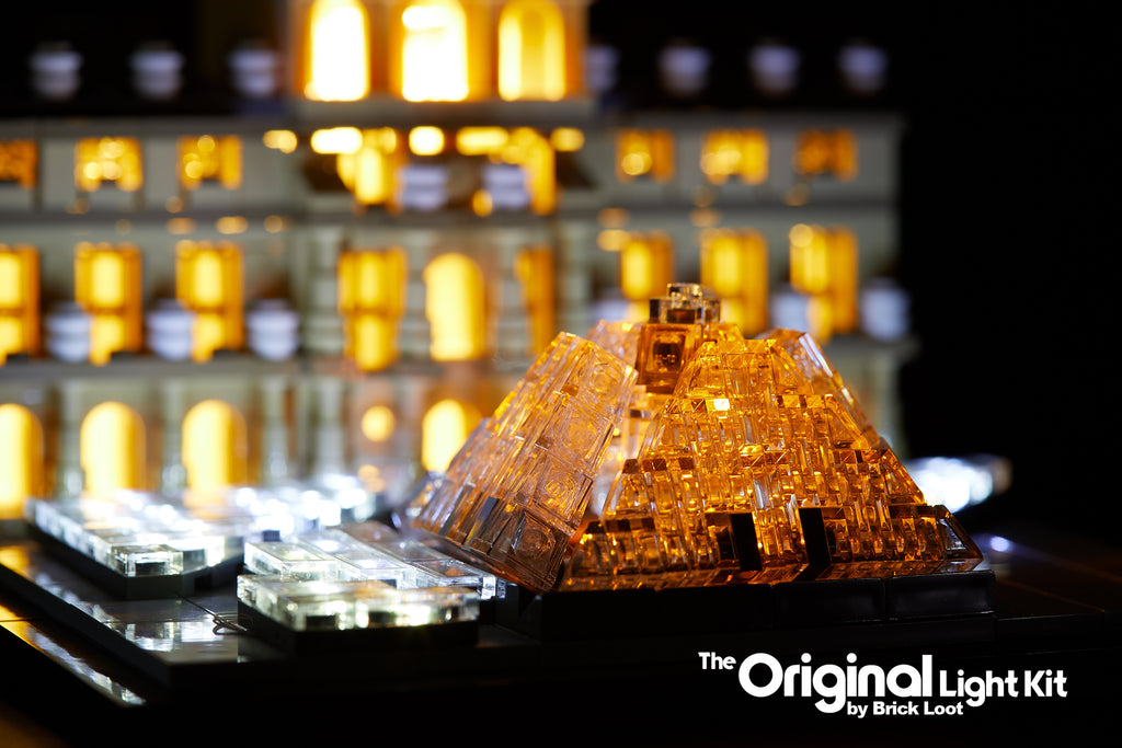 Close-up of the LEGO Architecture Louvre set 21024, beautifully illuminated with the custom Brick Loot LED Light kit!