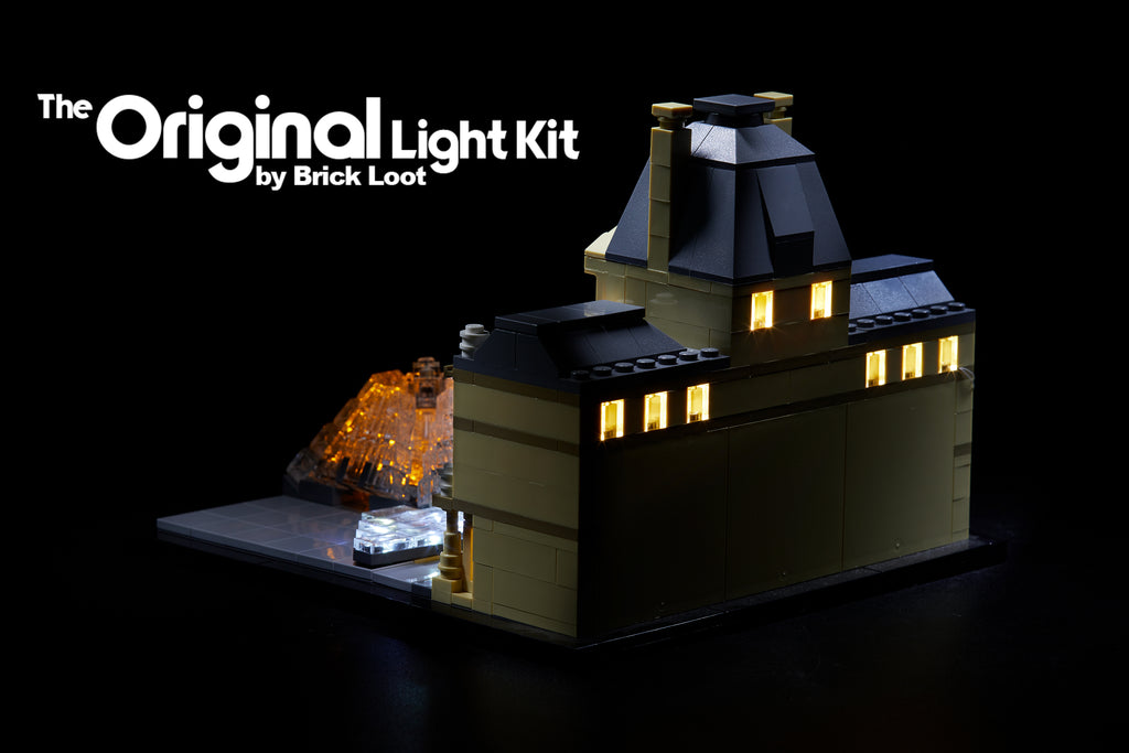 The back of the LEGO Architecture Louvre set 21024, beautifully illuminated with the custom Brick Loot LED Light kit!