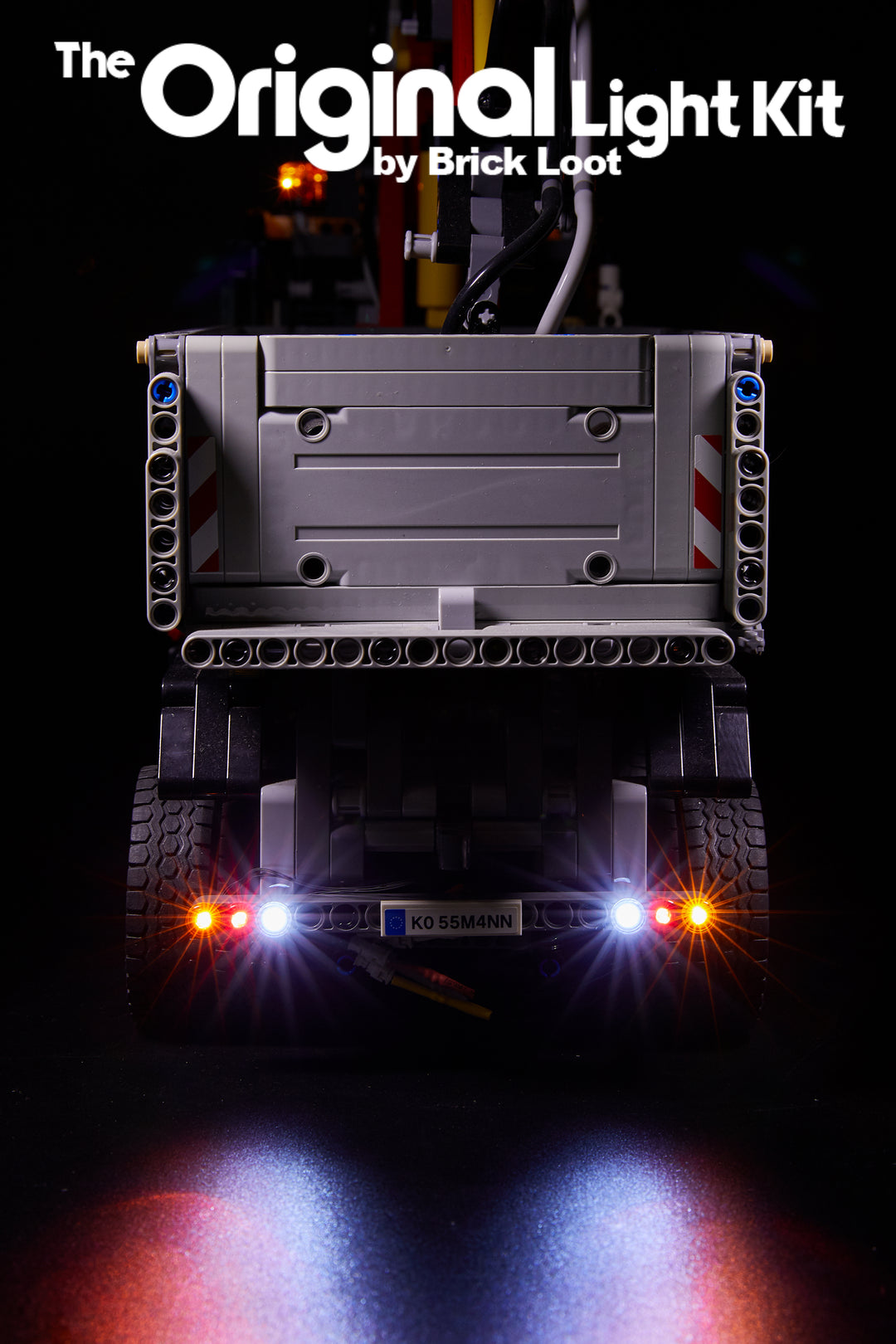 Rear view of the LEGO® Mercedes Benz Arocs 3245 set 42043 with the custom Brick Loot Original LED Light Kit installed.