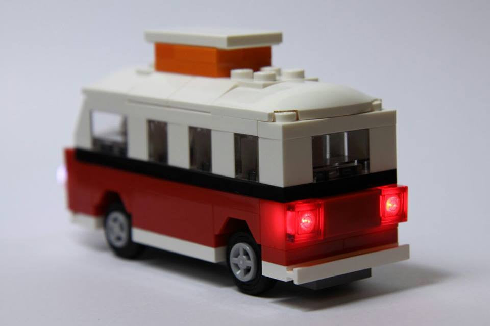 Rear view of the LEGO Mini VW Camper Van set 40079 Bag Set with Brick Loot custom LED Light Kit.