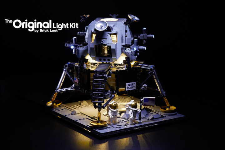 LEGO NASA Apollo 11 Lundar Lander set 10266, illuminated with the Brick Loot custom light kit with 34 LEDs!