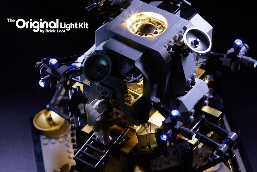 Close-up of the LEGO NASA Apollo 11 Lundar Lander set 10266, illuminated with the Brick Loot custom light kit with 34 LEDs!