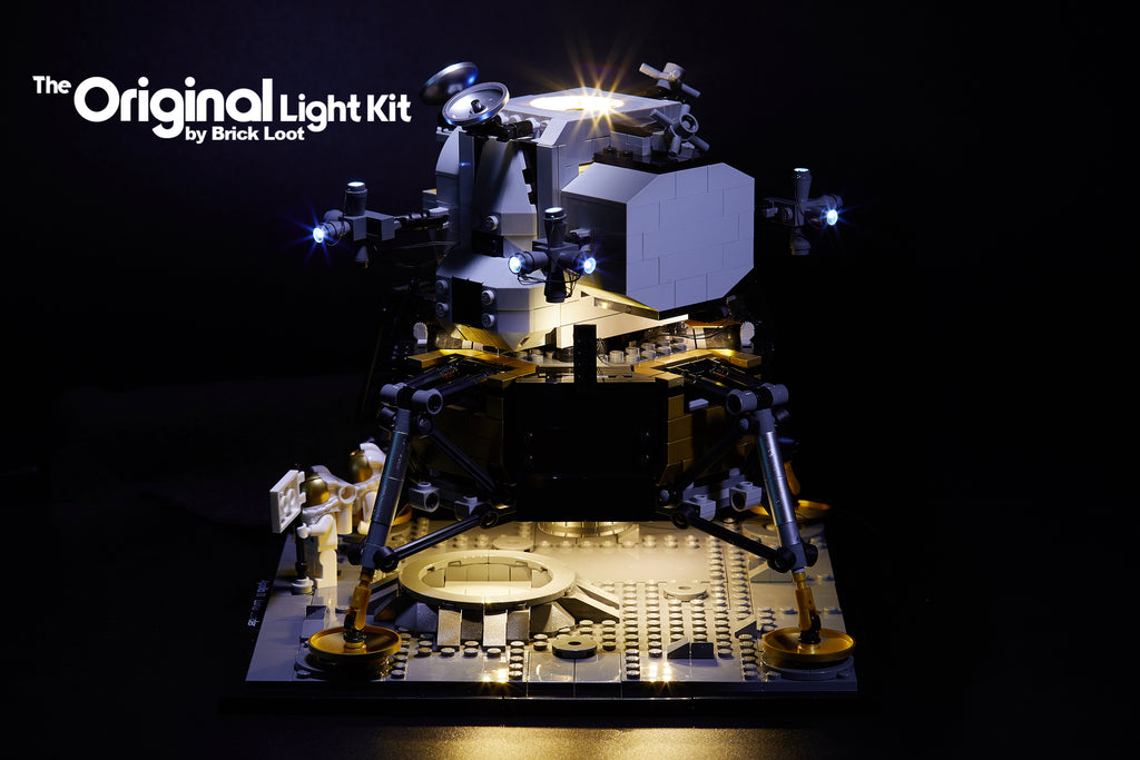Side view of the LEGO NASA Apollo 11 Lundar Lander set 10266, illuminated with the Brick Loot custom light kit with 34 LEDs!