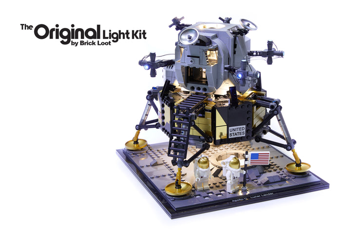 LEGO NASA Apollo 11 Lundar Lander set 10266, illuminated with the Brick Loot custom light kit with 34 LEDs! The lights are brilliant in the day and at night.