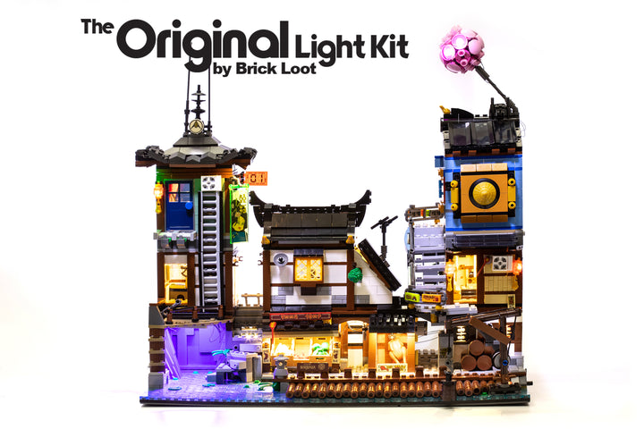 LEGO NINJAGO City Docks set 70657 with the Brick Loot custom LED Light Kit installed. 