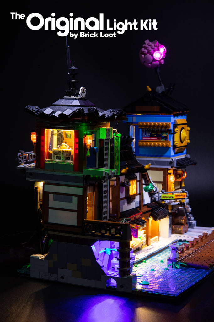 Side view of the LEGO NINJAGO City Docks set 70657 with the Brick Loot custom LED Light Kit installed. 