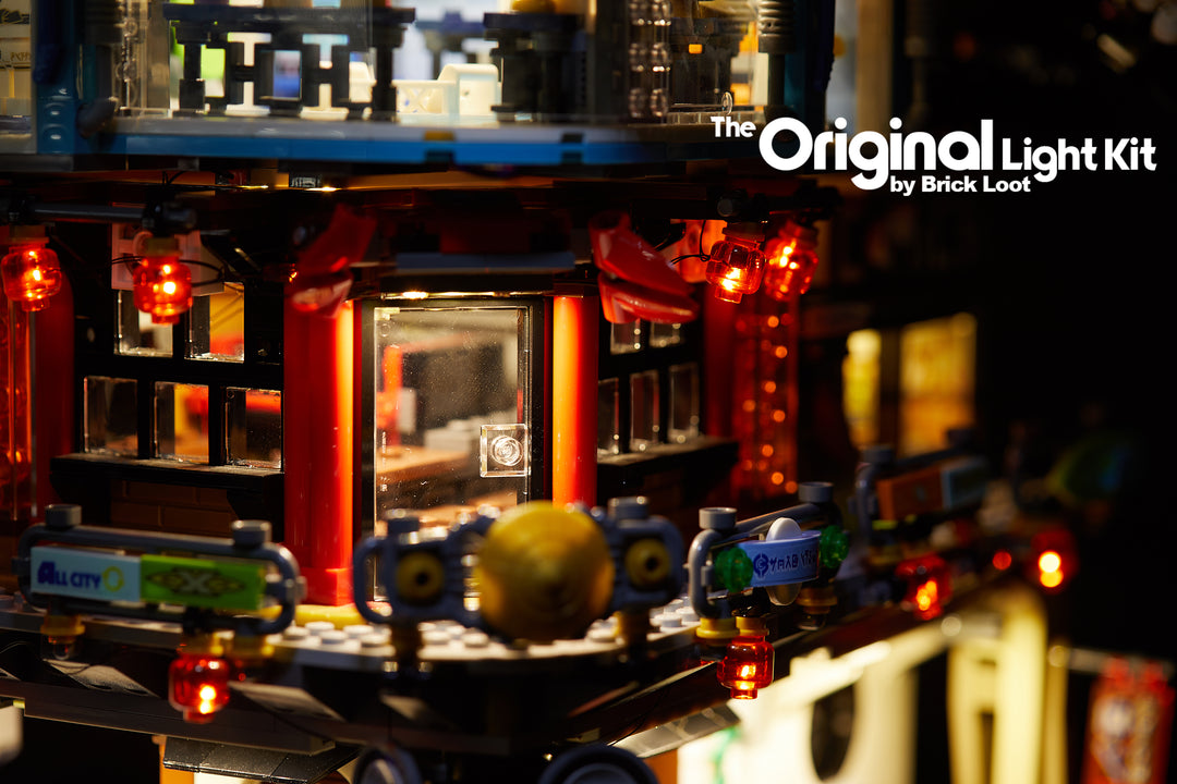 Close up of the LEGO NINJAGO City set 70620, fully illuminated with the custom Brick Loot LED Light Kit.