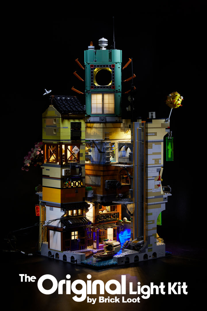 Rear view of the LEGO NINJAGO City set 70620, fully illuminated with the custom Brick Loot LED Light Kit.