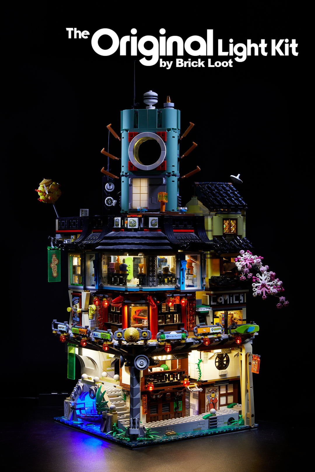 LEGO NINJAGO City set 70620, fully illuminated with the custom Brick Loot LED Light Kit.