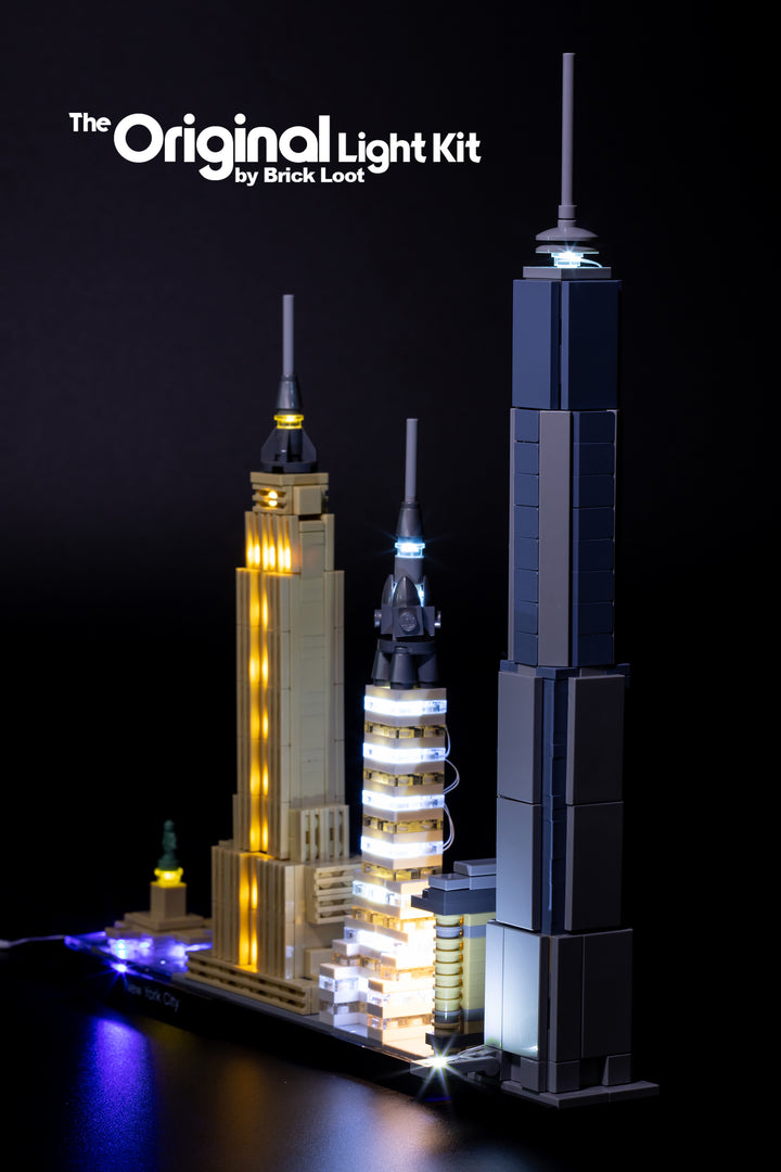 LEGO Architecture New York City set 21028 beautifully lit up with the Brick Loot LED Light Kit - side view. 