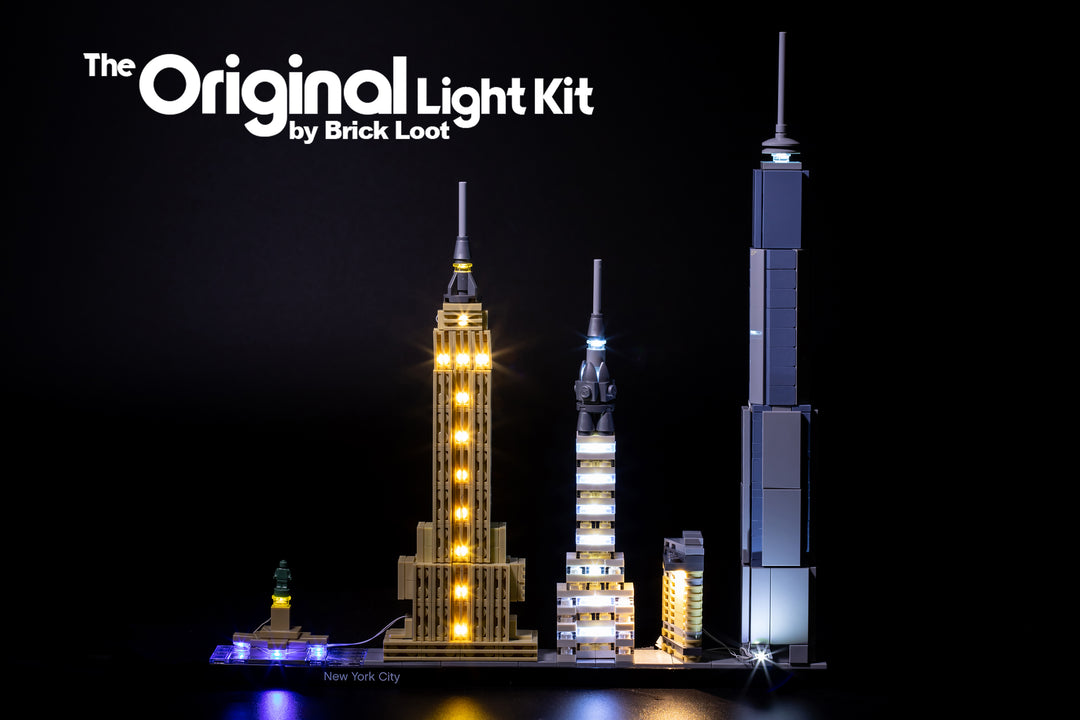LEGO Architecture New York City set 21028 beautifully lit up with the Brick Loot LED Light Kit. 