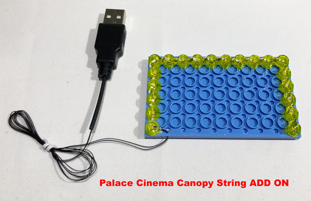 LED lights for the LEGO Palace Cinema (set 10232) Canopy, custom made by Brick Loot. Powered by USB.