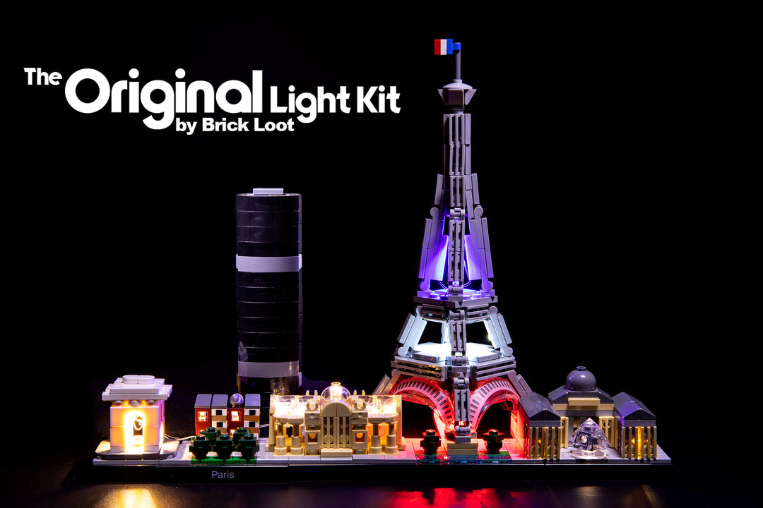 LEGO Architecture Paris Skyline set 21044 beautifully illuminated with the colorful custom Brick Loot LED Light Kit. 