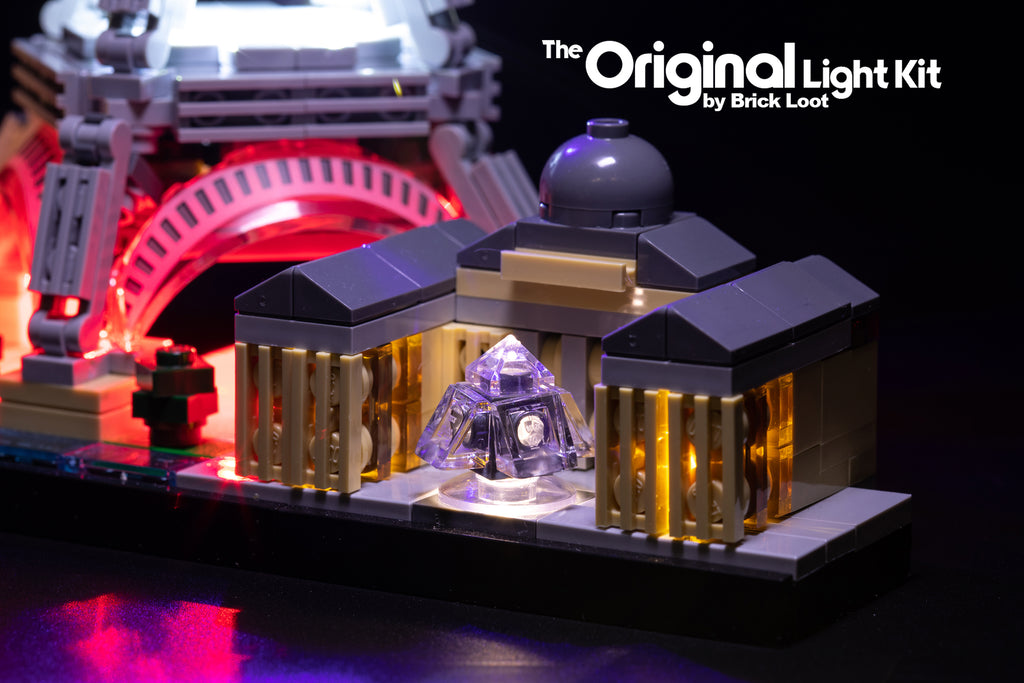 Close-up of the LEGO Architecture Paris Skyline set 21044 beautifully illuminated with the colorful custom Brick Loot LED Light Kit. 