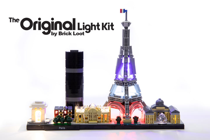 LEGO Architecture Paris Skyline set 21044 beautifully illuminated with the colorful custom Brick Loot LED Light Kit. 