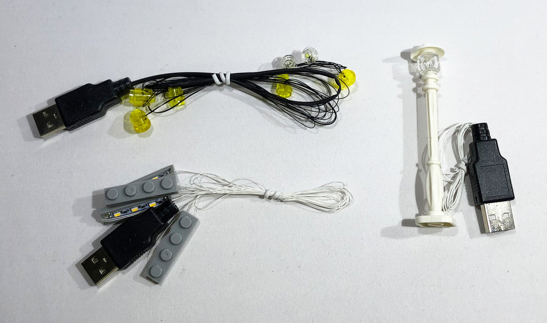 LED light strings, powered by USB, from the Brick Loot LED Lighting Kit custom-made for LEGO® Parisian Restaurant set 10243.