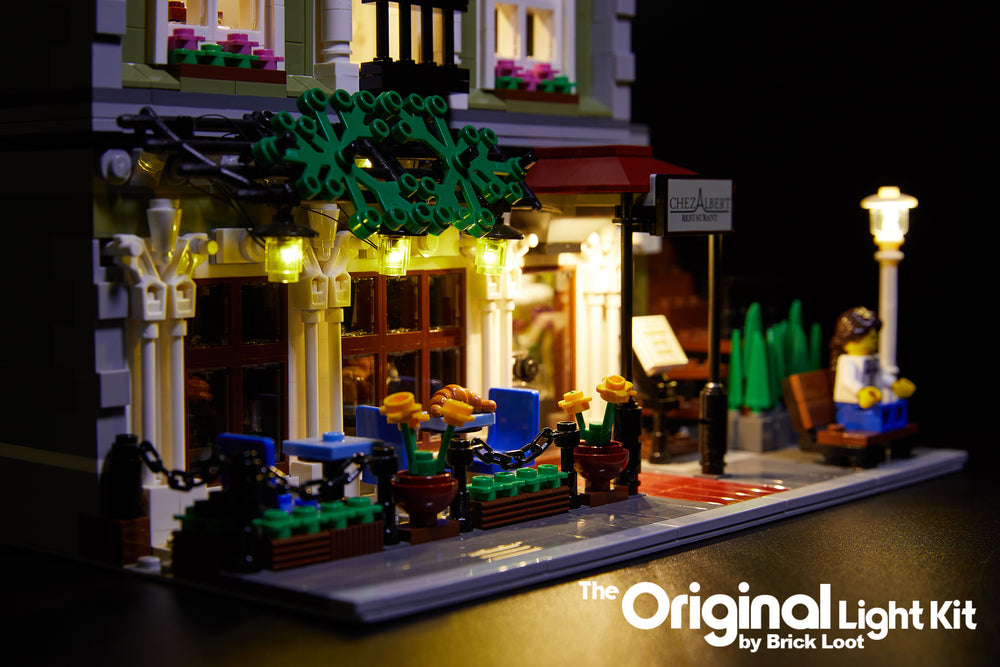 Close up of outdoor lighting from the Brick Loot LED Lighting Kit for LEGO® Parisian Restaurant set 10243.