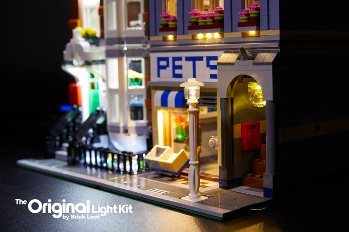 Close up of the Brick Loot LED Lighting Kit, installed on the LEGO Pet Shop set 10218.