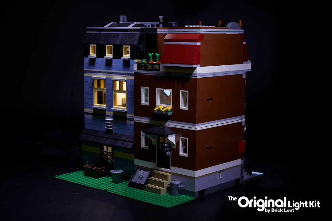Back side of the LEGO Pet Shop set 10218, with Brick Loot LED Lighting Kit installed.
