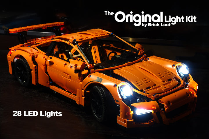 LEGO Porsche 911 GT3 RS set 42056, lit up with the Brick Loot LED Light Kit.