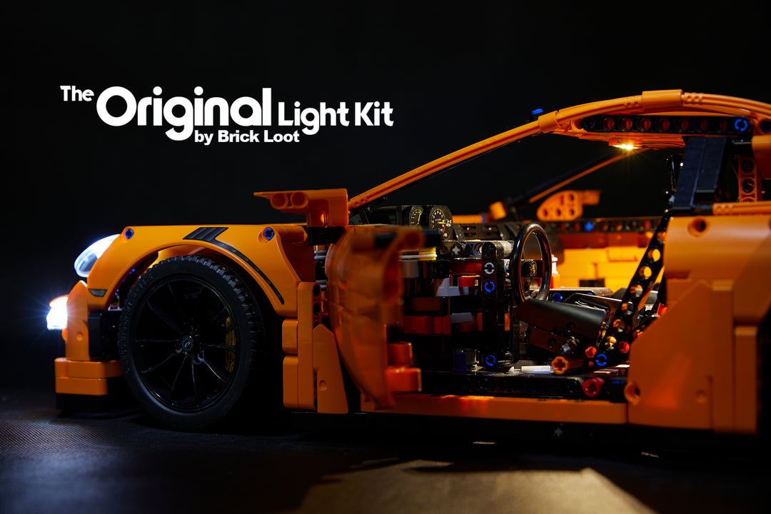 Side and interior of the LEGO Porsche 911 GT3 RS set 42056, lit up with the Brick Loot LED Light Kit.
