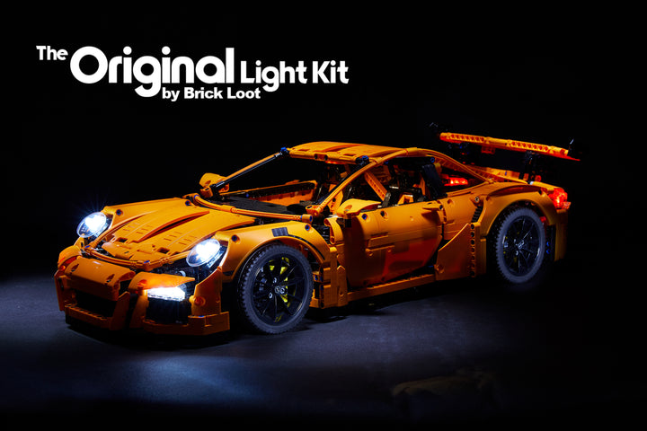 LEGO Porsche 911 GT3 RS set 42056, lit up with the Brick Loot LED Light Kit.