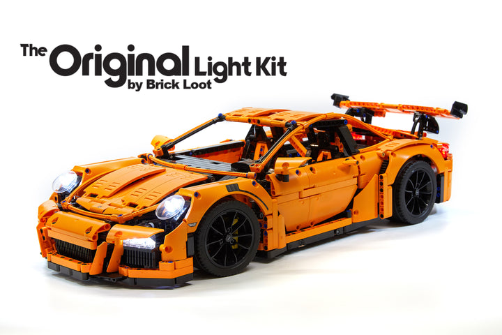 LEGO Porsche 911 GT3 RS set 42056, lit up with the Brick Loot LED Light Kit.