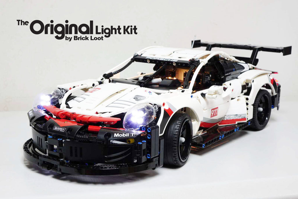LEGO Porsche 911 RSR set 42096 with the custom-designed Brick Loot LED Light Kit installed. 