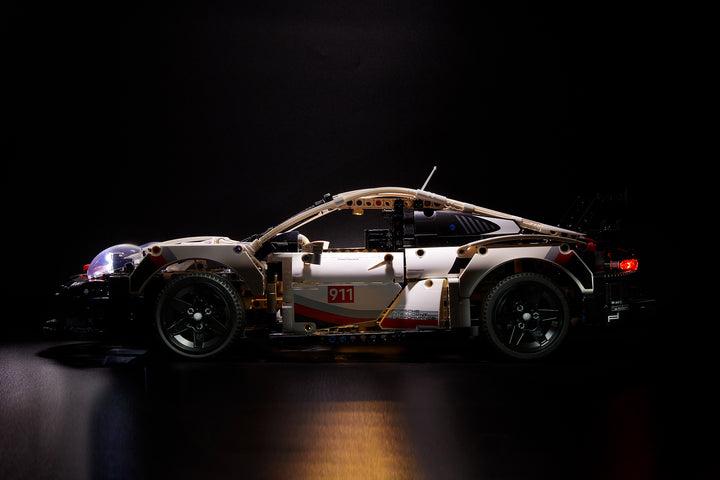 Side view of the LEGO Porsche 911 RSR set 42096 with the custom-designed Brick Loot LED Light Kit installed. 