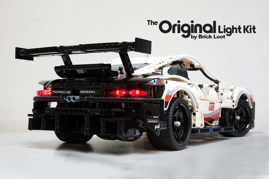 Rear and side view of the LEGO Porsche 911 RSR set 42096 with the custom-designed Brick Loot LED Light Kit installed. 