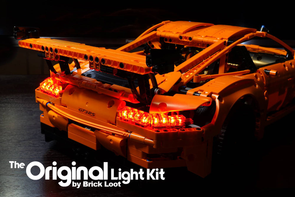Rear view of the LEGO Porsche 911 GT3 RS set 42056, lit up with the Brick Loot LED Light Kit.