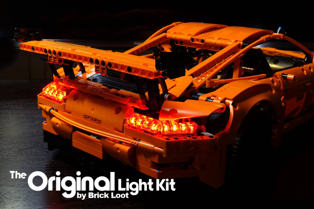 Rear view of the LEGO Porsche 911 GT3 RS set 42056, lit up with the Brick Loot LED Light Kit.