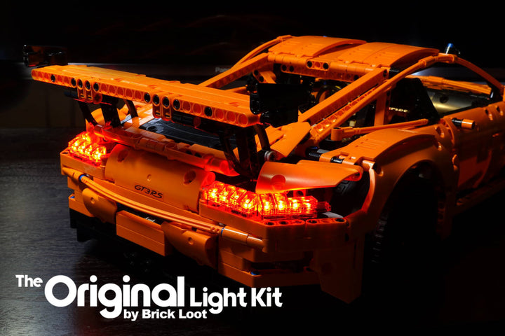 Rear view of the LEGO Porsche 911 GT3 RS set 42056, lit up with the Brick Loot LED Light Kit.