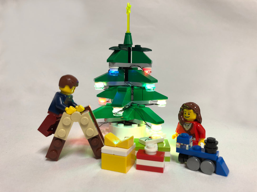 Brick Loot Flashing Light Up String 12 LED Red Green Blue LEGO Studs with USB, installed on a LEGO Christmas tree (LEGO set not included)