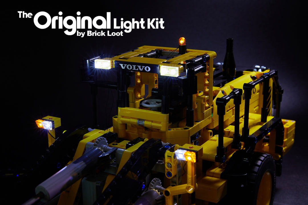 Close-up of the LEGO Technic Volvo L350F set 42030 with the Brick Loot Custom LED Light Kit installed. 