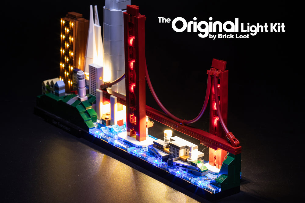 LEGO Architecture San Francisco Skyline set 21043, illuminated by the Brick Loot LED Light Kit. 