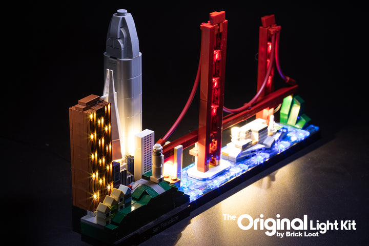 LEGO Architecture San Francisco Skyline set 21043, illuminated by the Brick Loot LED Light Kit. 