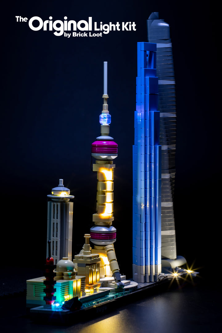 LEGO Architecture Shanghai set 21039 with the beautiful Brick Loot LED Light Kit installed.