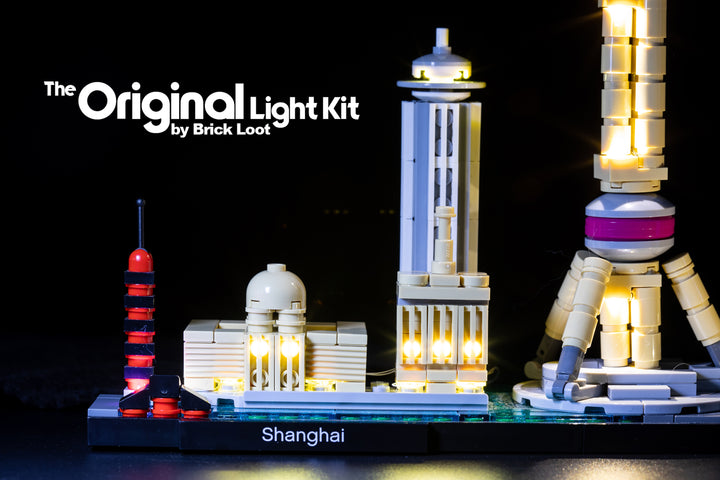 Close-up of the LEGO Architecture Shanghai set 21039 with the beautiful Brick Loot LED Light Kit installed.